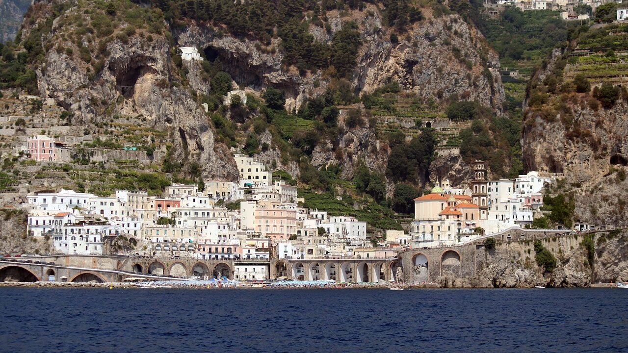 atrani, amalfi coast, sea, campania, nature, vacation, cliff, beach, rocks, landscape, contemplation